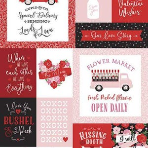 May include: A Valentine's Day themed fabric with a patchwork design featuring red, pink, and black squares with various romantic sayings and illustrations. The fabric includes phrases like "Loads of Love", "Our Love Story", "Be Mine", "Fresh Picked Blooms", "I Will Love You Always", and "So Loved & So Blessed".