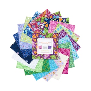May include: A pack of 42 5-inch pre-cut fabric squares in a variety of bright colors and patterns. The fabric squares are arranged in a circle around a card that reads "Crescendo" and "Contempo".