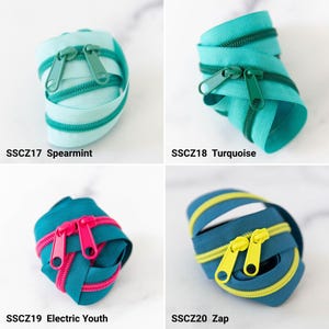 May include: Four coiled nylon zippers with double pulls. SSCZ17 is spearmint with dark green teeth. SSCZ18 is turquoise with dark green teeth. SSCZ19 is teal with hot pink teeth. SSCZ20 is dark blue with bright yellow teeth and matching pulls.