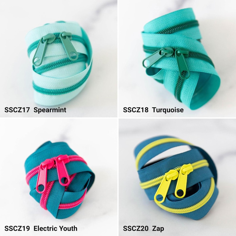 May include: Four coiled nylon zippers with double pulls. SSCZ17 is spearmint with dark green teeth. SSCZ18 is turquoise with dark green teeth. SSCZ19 is teal with hot pink teeth. SSCZ20 is dark blue with bright yellow teeth and matching pulls.