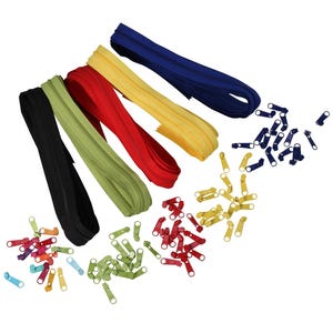 May include: Assortment of colorful zippers and zipper pulls. The image shows black, green, red, yellow, and navy blue zippers. Various colored zipper pulls are scattered around the zippers. Ideal for sewing and crafting projects.