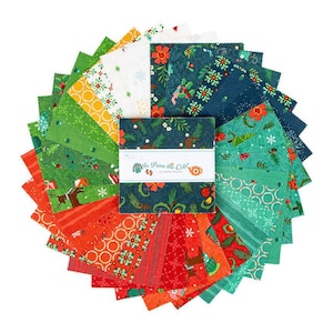 May include: A set of 20 fabric squares featuring a winter holiday theme. The squares are in various colors, including red, green, blue, and white. The fabric squares are printed with a variety of winter holiday designs, including snowflakes, trees, and ornaments. The fabric squares are arranged in a circle, with the text "In From the Cold" printed on one of the squares.
