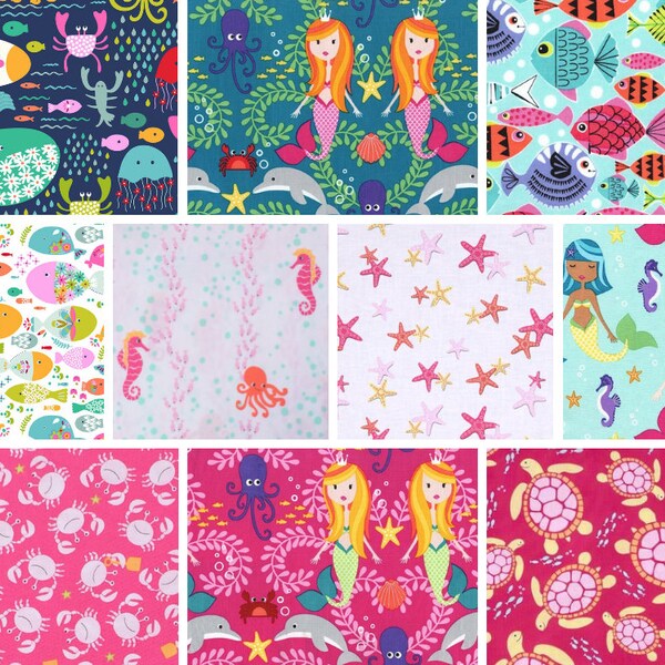 Michael Miller Sea Buddies, Mer-Mates & Go Fish ~ BUNDLE ~ Fat Quarter or Half Yard ~ Cute Children's Mermaid Ocean Fabric