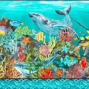 May include: A colorful underwater scene with a blue whale, a dolphin, coral, starfish, and various fish. The scene is set against a turquoise blue background.