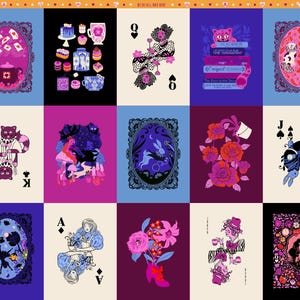 May include: A colorful collage of playing card designs featuring illustrations inspired by Alice in Wonderland. Each card showcases unique artwork with whimsical characters, floral elements, and vibrant color palettes, creating a playful and artistic aesthetic.