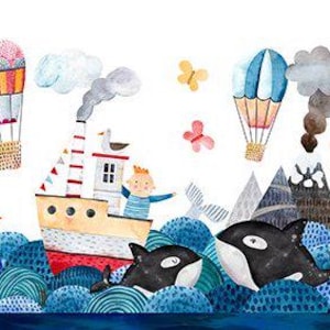 May include: A watercolor illustration of a whimsical seaside scene with a lighthouse, a hot air balloon, a ship, and two orcas swimming in the ocean. The illustration is filled with bright colors and playful details, including a cat on the lighthouse, butterflies in the sky, and a bear in the background.