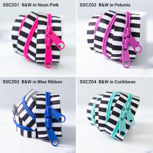 May include: Four coiled zippers with black and white horizontal stripes. Each zipper features a distinct colored pull and teeth: neon pink (SSCZ01), petunia purple (SSCZ02), blue ribbon (SSCZ03), and caribbean teal (SSCZ04). Each has two sliders.