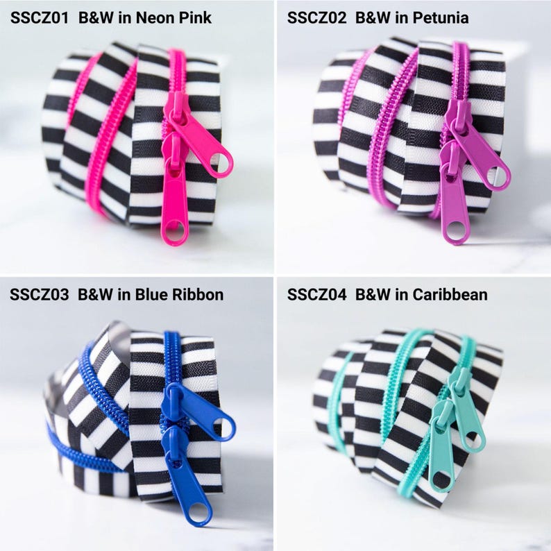 May include: Four coiled zippers with black and white horizontal stripes. Each zipper features a distinct colored pull and teeth: neon pink (SSCZ01), petunia purple (SSCZ02), blue ribbon (SSCZ03), and caribbean teal (SSCZ04). Each has two sliders.