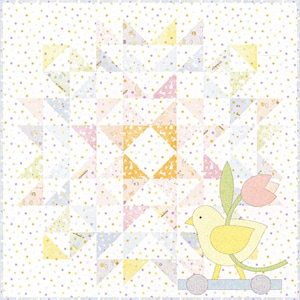 May include: A patchwork quilt with a central star design in pastel colors, including yellow, pink, and blue. The quilt features a repeating pattern of triangles and polka dots. A yellow chick with a pink tulip rides on a blue cart.