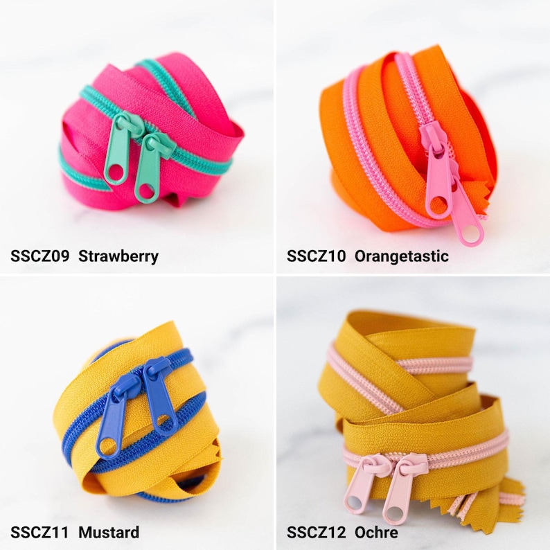 May include: Four coils of nylon zippers with metal pulls. Top left: SSCZ09 Strawberry, hot pink with teal teeth. Top right: SSCZ10 Orangetastic, orange with pink teeth. Bottom left: SSCZ11 Mustard, yellow with blue teeth. Bottom right: SSCZ12 Ochre, gold with light pink teeth.