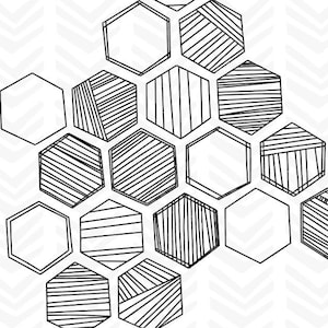 May include: Black and white geometric pattern of overlapping hexagons. The hexagons are filled with different line patterns.
