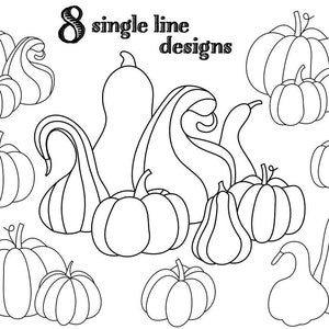 Op de afbeelding: Een zwart-witte lijntekening van acht verschillende pompoen- en kalebasvormen. De tekening heeft de titel "8 single line designs".