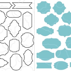 May include: A set of 20 printable frame outlines, 10 in black and 10 in light blue. The frames are various shapes and sizes, including rectangular, oval, and rounded.