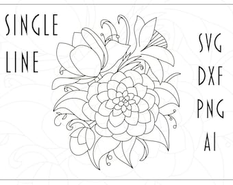 May include: Single line drawing of a bouquet of flowers. The flowers are stylised and have a delicate, intricate design. The drawing is in black and white.