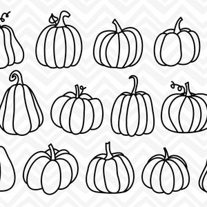 Puede incluir: Un conjunto de 14 dibujos en blanco y negro de calabazas en varias formas y tamaños. Las calabazas están todas delineadas en negro y tienen un diseño simple y minimalista.
