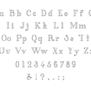 Può includere: Un alfabeto di font con lettere maiuscole e minuscole, numeri da 0 a 9 e segni di punteggiatura. Il font è uno stile di scrittura decorativo con un aspetto vintage.