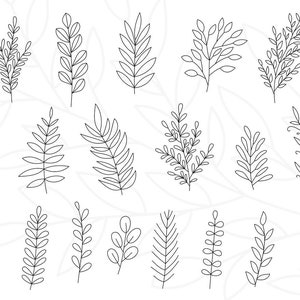 May include: A set of 18 black and white line drawings of various leaf and branch designs. The designs are simple and elegant, perfect for adding a touch of nature to any project.