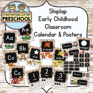 Calendario y carteles para el aula de la primera infancia de Shiplap {Recurso educativo para el aula de preescolar/jardín de infantes}