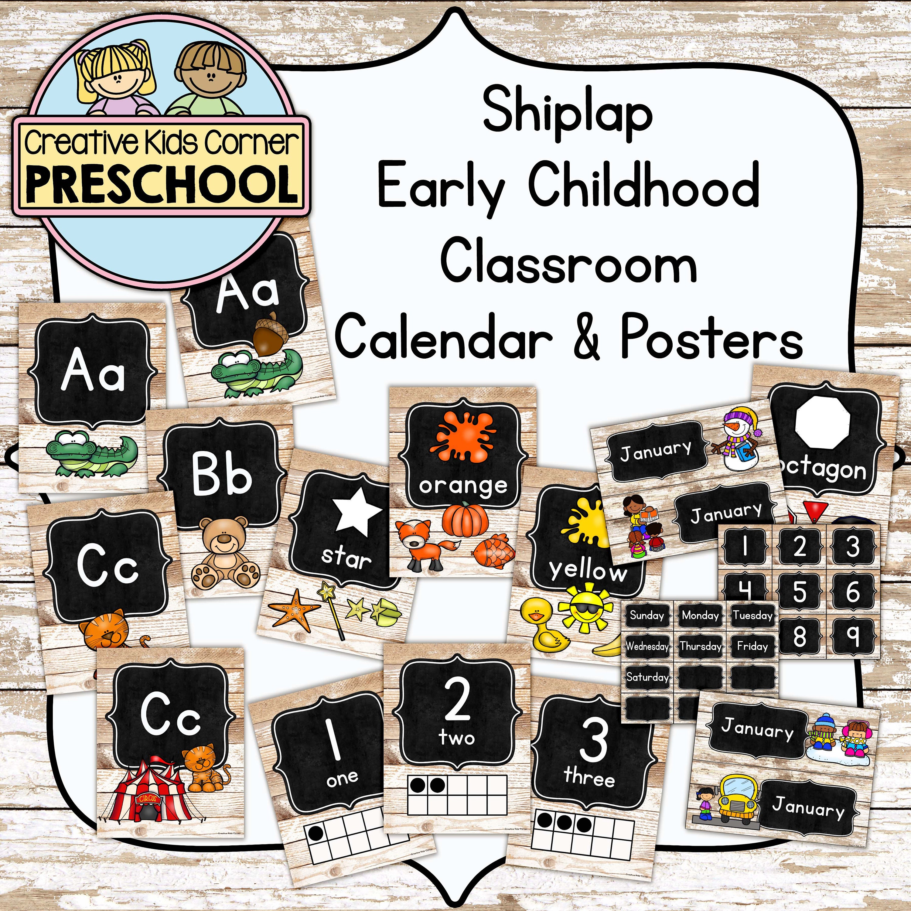Shiplap Early Childhood Classroom Calendar & Posters preschool