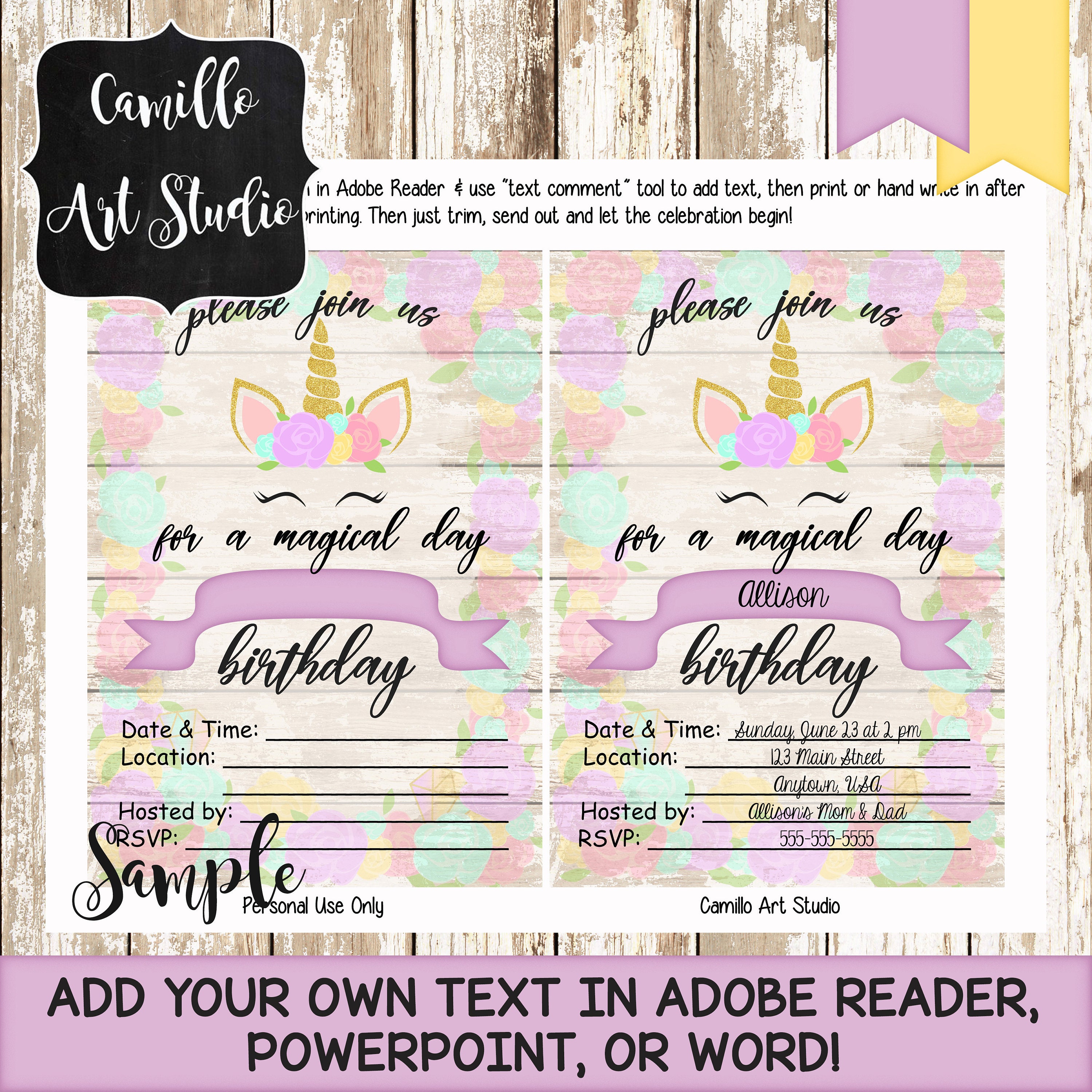 printable unicorn birthday party invitation instant download etsy