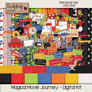 Pode incluir: Um kit de scrapbooking digital com tema de cinema. O kit inclui várias imagens, papéis e elementos em vermelho, amarelo, azul, preto e branco. O kit apresenta imagens de rolos de filme, câmeras, pipoca e claquetes de cinema. O texto "Magical Movie Journey - Digital Kit" está na parte inferior da imagem.
