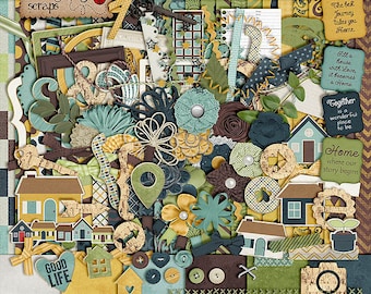 May include: A digital scrapbooking kit with a home theme. The kit includes images of houses, flowers, buttons, and other decorative elements in shades of brown, yellow, green, and blue. The text "Take Me Home - Digital Kit" is at the bottom of the image.