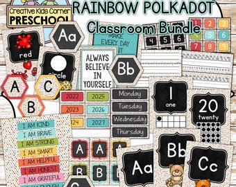 May include: A set of colorful classroom decor featuring rainbow polka dots. The set includes alphabet letters, numbers, days of the week, and other educational posters. The posters are designed with a chalkboard background and white polka dots.