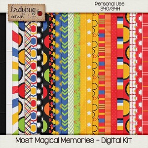 May include: A digital paper pack with 16 different patterns in red, yellow, blue, green, black, and white. The patterns include polka dots, stripes, stars, circles, and more. The text "Most Magical Memories - Digital Kit" is at the bottom of the image.