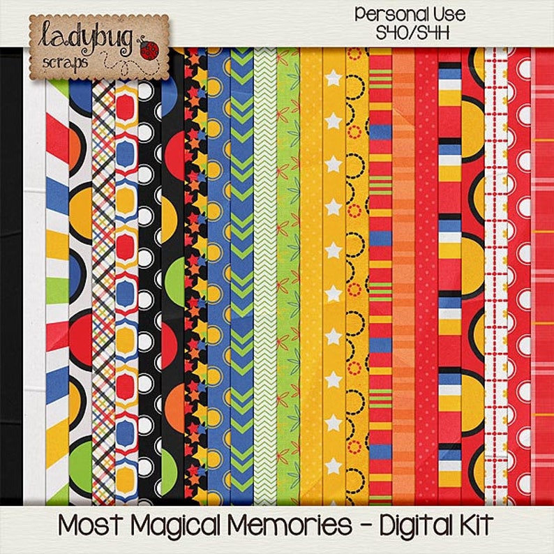 May include: A digital paper pack with 16 different patterns in red, yellow, blue, green, black, and white. The patterns include polka dots, stripes, stars, circles, and more. The text "Most Magical Memories - Digital Kit" is at the bottom of the image.