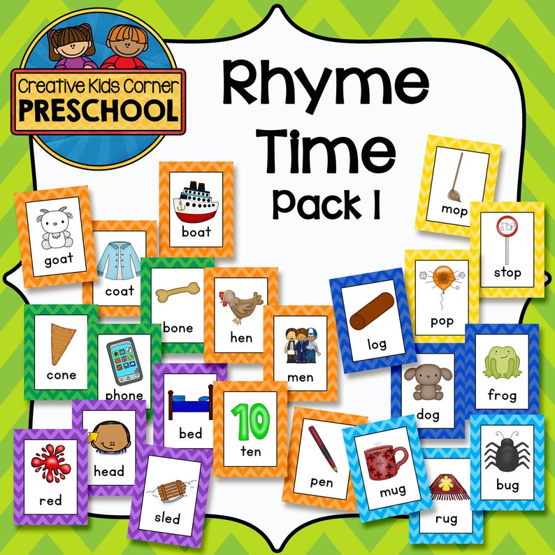 Puede incluir: Un conjunto de tarjetas de memoria coloridas con im&aacute;genes y palabras para una actividad de rimas para preescolar. Las palabras incluyen cabra, barco, trapeador, parada, abrigo, hueso, gallina, cono, tel&eacute;fono, cama, diez, cabeza, rojo, trineo, hombres, tronco, pop, rana, perro, bol&iacute;grafo, taza, insecto y alfombra.