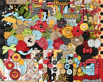 May include: A digital scrapbooking kit with a red, white, and blue color scheme. The kit features a variety of elements, including flowers, buttons, ribbons, and text. The text includes the words "Magic", "I Love the Mouse", "123", "Love That Mouse", "Mouse Moment", and "Prince Princess".