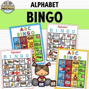 May include: Four colorful alphabet bingo cards with animal illustrations and the text "Alphabet Bingo" and "ABC Bingo". A cartoon girl is in the center holding alphabet blocks. The background is white with green and blue accents.