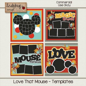 Op de afbeelding: Vier scrapbook-sjablonen met Mickey Mouse-oren, de woorden "Love", "Mouse" en "Magic Moments", en verschillende fotokaders. De sjablonen zijn in de kleuren rood, geel en blauw.