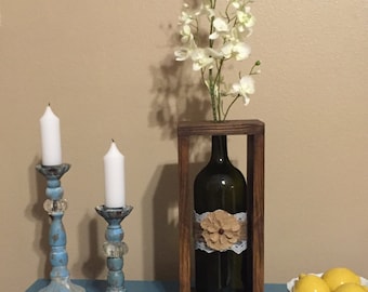 Wine box, Wine bottle vase, shadow box, wine bottle decor, wood box, recycled wine bottle, vase, wine decor, wine accessories, wine art