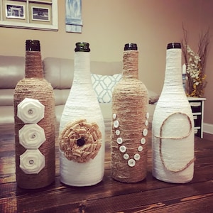 Twine LOVE Wine Bottles, upcycled wine bottles, country rustic wedding, wedding decor, wine bottle decor, centerpiece, farmhouse decor image 1