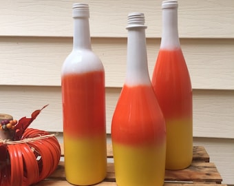 Candy corn wine bottles, fall decor, halloween decorations, fall decorations, fall centerpieces, upcycled wine bottles, wine bottle decor