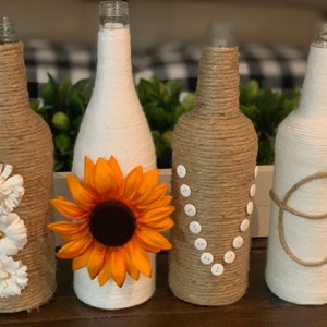 Twine LOVE Wine Bottles, upcycled wine bottles, country rustic wedding, wedding decor, wine bottle decor, centerpiece, farmhouse decor image 3