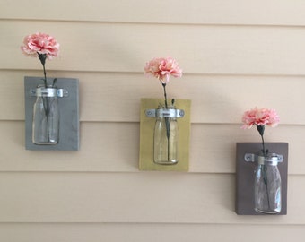Milk jar vases, wall Flower vases, set of 3, shabby chic, house warming gift, spring decor, wall vase, milk jug wall art, wall mount vases,