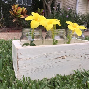 K&ouml;nnte beinhalten: Ein wei&szlig;er Holz-Pflanzkasten mit drei durchsichtigen Glasbeh&auml;ltern, die mit gelben Blumen gef&uuml;llt sind. Der Pflanzkasten steht auf gr&uuml;nem Gras.