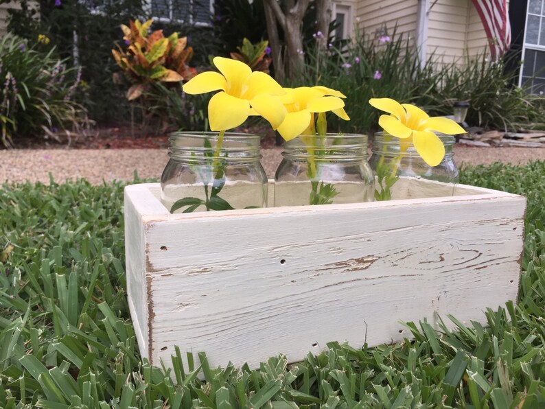K&ouml;nnte beinhalten: Ein wei&szlig;er Holz-Pflanzkasten mit drei durchsichtigen Glasbeh&auml;ltern, die mit gelben Blumen gef&uuml;llt sind. Der Pflanzkasten steht auf gr&uuml;nem Gras.