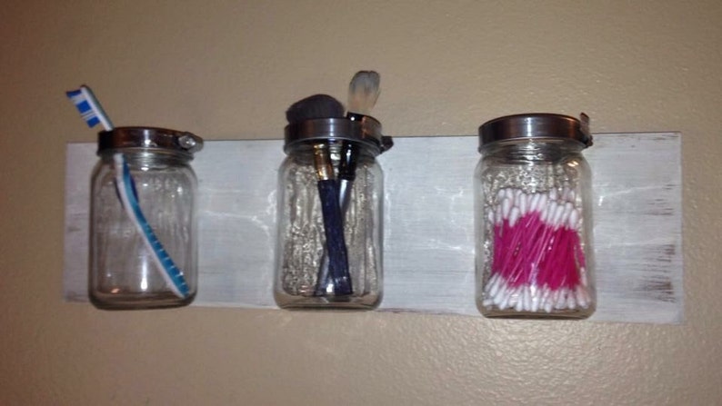 Mason jar organizer, mason jar vase, mason jar decor, bathroom storage, bathroom decor, bathroom organizer, mason jar wall mount image 2