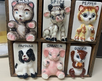 Vintage ceramic spice set of 6 animals Japanese made 3 inch each.