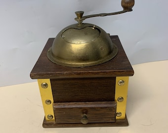 vintage working wood  Coffee Grinder 5” X 4” Wood and brass.