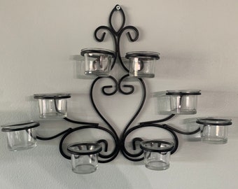 Vintage black scroll  iron candle holder wall hanging, ornamental Iron, Candelabra 16” wide X12” long