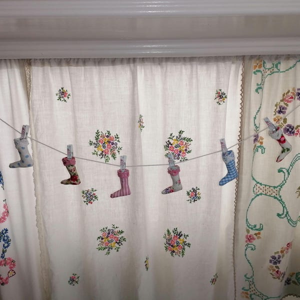 Mini Boots 8 Stocking Bunting Garland  Made using Cath Kidston fabric and Vintage Lace Country Living Home Shabby Chic Dresser Display Decor