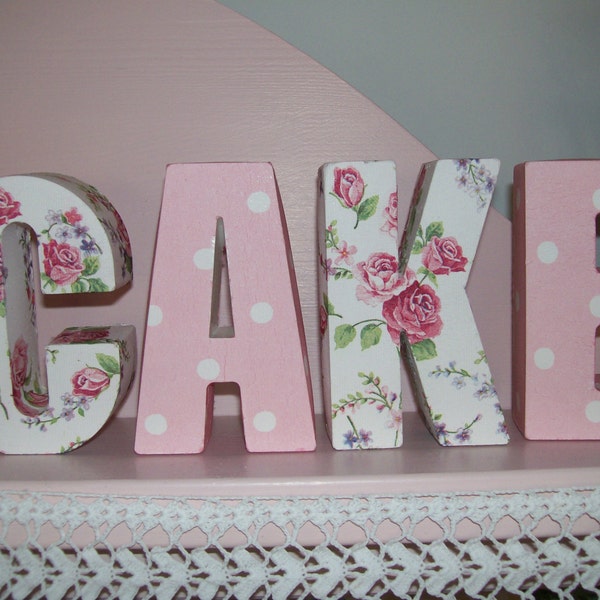 CAKE Word Letters Freestanding Shelf Dresser Display Tearoom Bakery Made Using Cath Kidston Design Shabby Chic Vintage Kitchen Window Home