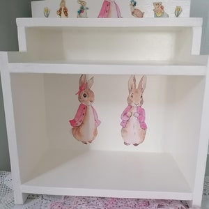 Wooden Bookcase Shelf Storage Unit Freestanding Beatrix Potter Flopsy Bunny Design Nursery Bedroom Playroom Christening Gift Baby Girl Home