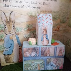 May include: A wooden box and a book with Peter Rabbit illustrations. The box has a light blue base with panels showing scenes from the story. A small house-shaped box with carrot and rabbit illustrations sits on top. The book displays text.