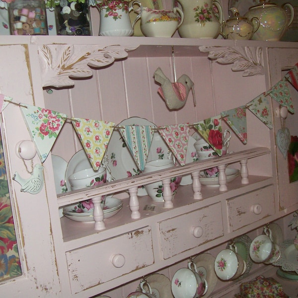 Handcrafted Wooden Bunting Shabby Chic made using Cath Kidston Designs Vintage Roses Dresser Display Garland Wedding Party Home Unique Shelf