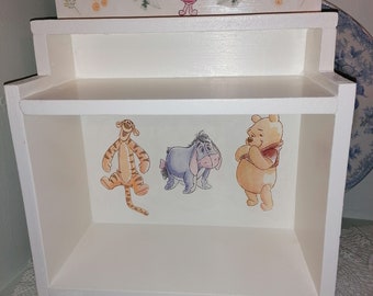 Wooden Bookcase Shelf Storage Made Using Winnie The Pooh Piglet Eeyore Vintage Designs Nursery Bedroom Playroom Gift Baby Child Freestanding